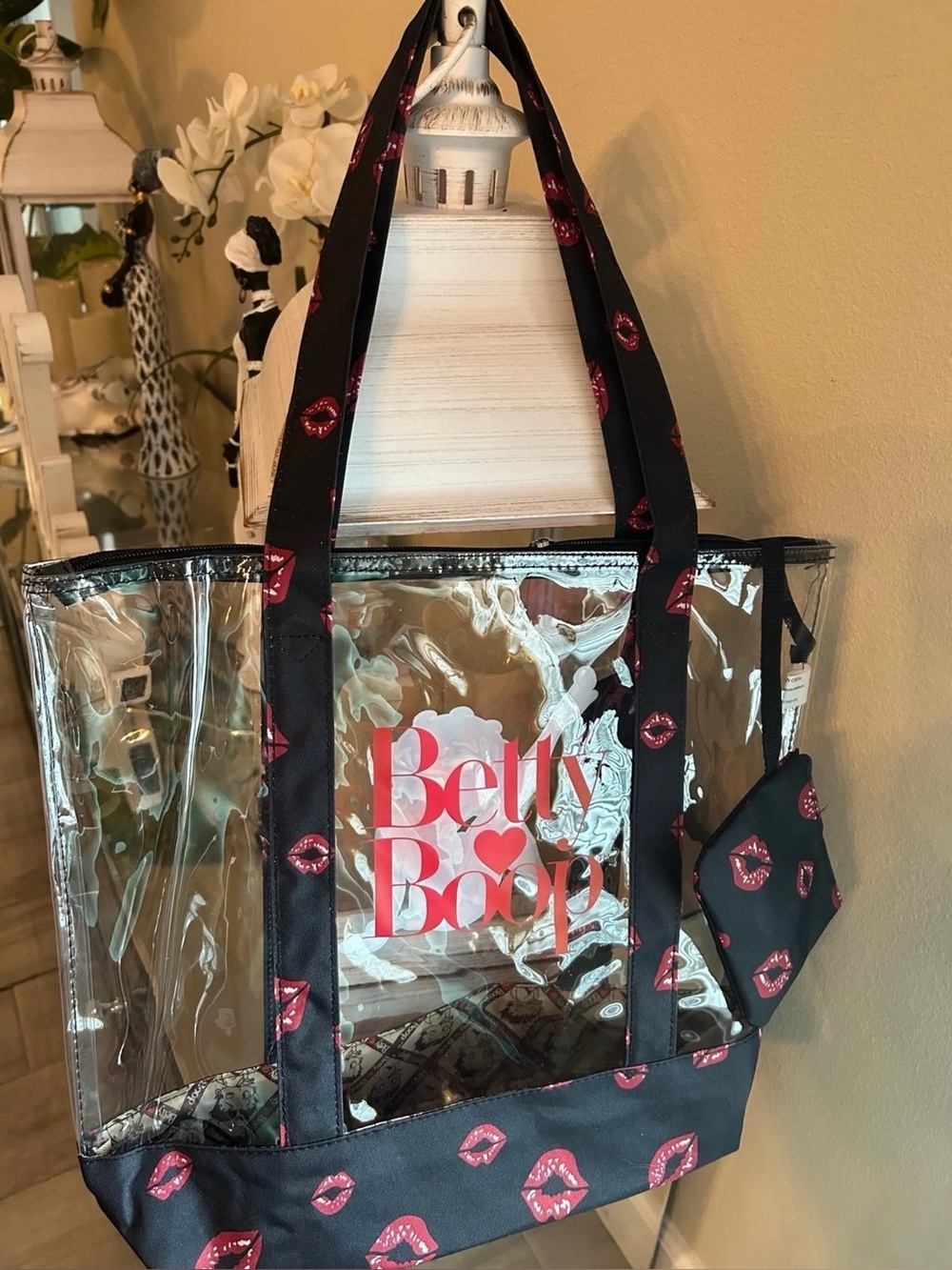 Betty Boop Clear Tote with Black Straps and Pink Lip Print